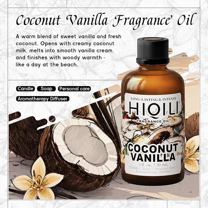 HIQILI Coconut Vanilla Fragrance Oil for Candle Making, Soap Making Supplies, Essential Oils for Diffuser for Home and Car - 1 Fl Oz