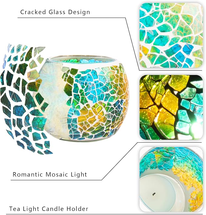 Rancco Glass Votive Candle Holder for Tealight, Romantic Mosaic Cracked Candle Holder, Candle Lamp Aromatherapy Candlescape Bowl for Valentine's Thanksgiving, Christmas Table Centerpiece, Party Decor