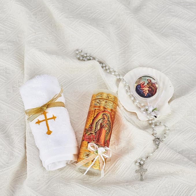 Catholic Baptism Candle Set for Boys and Girls - Includes Virgen de Guadalupe Candle, Towel, Rosary and Shell