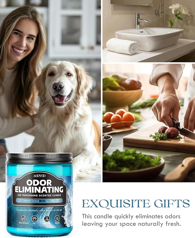AOOVOO Ocean 2 Pack Odor Eliminating Highly Fragranced Candle - Eliminates 95% of Pet, Smoke, Food and Other Smells Quickly, Non Toxic Air Freshing Soy Candle, 18 oz Up to 100 Hours Burn time