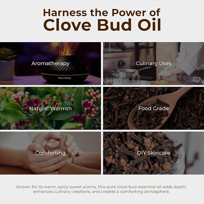 Viva Doria Clove Bud Essential Oil, USDA Certified Organic Clove Oil, 100% Pure, Natural Essential Oil, Undiluted, for Aromatherapy | Food Grade, 118 mL (4 Fluid Ounce)