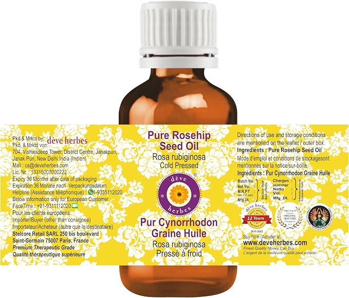 Deve Herbes Rosehip Seed Oil (Rosa rubiginosa) | Cold Pressed | Pure | Natural | Undiluted | For Diluting Essential oils | For Skin & Massage | Non-Sticky| Lightweight| Men & Women | 30ml (1 oz)