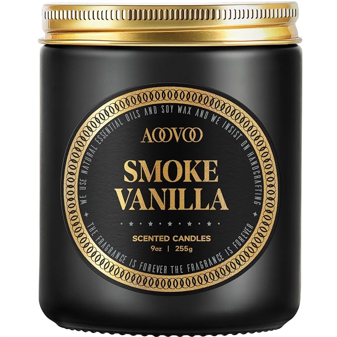 AOOVOO Scented Candles for Men - Smoke & Vanilla Candles for Home Scented | Soy Candles | Strong Fragranced Masculine Black Candle Gift for Women & Men, 9oz