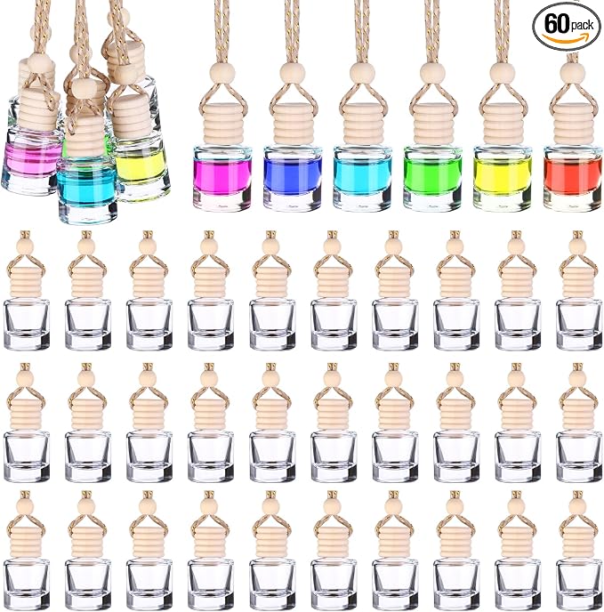 60 Pcs Hanging Car Air Freshener Car Diffuser Bottle Empty Glass Perfume Air Freshener Diffuser Bottle Pendant for Essential Oils Fragrance Aromatherapy Ornament Decor (Cylinder Style)