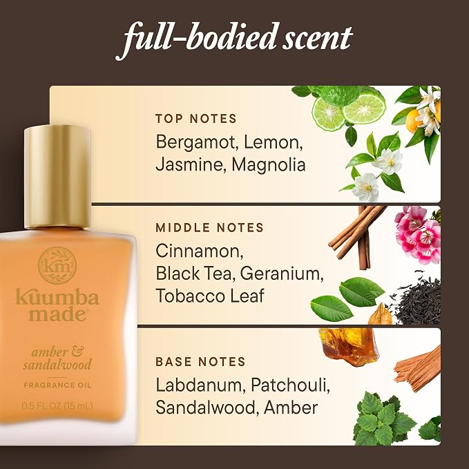 Kuumba Made Amber & Sandalwood Fragrance Oil, Long-Lasting Scented Oil Perfume Roller, Vegan, Alcohol-Free, 0.5 oz