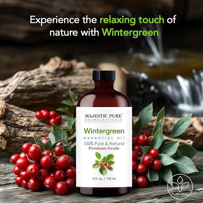 Majestic Pure Essential Oil with Glass Dropper - 100% Pure and Natural - Essential Oils for Diffuser, Aromatherapy, Soap and Candle Making, Wintergreen Essential Oil, Wintergreen Oil, 4 Fl Oz