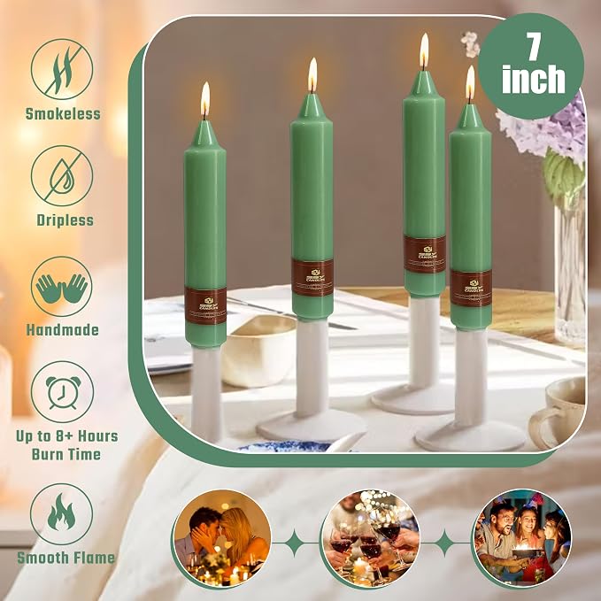 Sage Green Short Taper Candle 7 Inch Candlesticks Unscented Dripless Tapered Candle Set for Home Decor Wedding Party Dinner Candles, 4 Pack