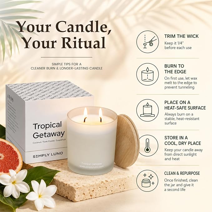 Tropical Getaway Coconut & Grapefruit Scented Candle | 14oz Soy Wax | 50+ Hour Long Lasting Burn | Reusable Glass Candle Jar with Bamboo Lid & Eco Friendly Gift Box |Luxury Scented Candle for Home