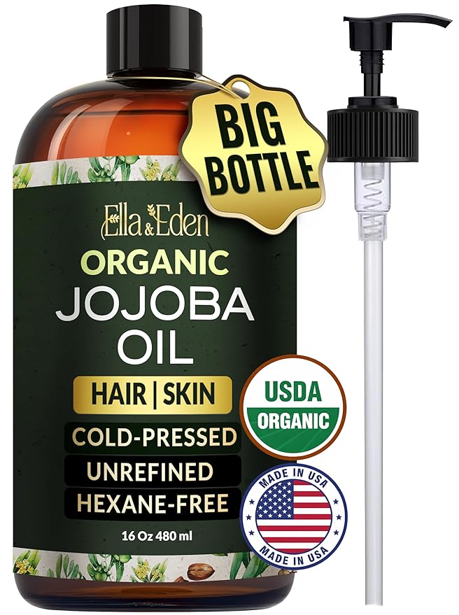 Ella & Eden 16 Oz Organic Jojoba Oil For Hair – USDA Certified – 100% Pure Cold-Pressed & Unrefined Moisturizer for Hair, Skin, Face & Nails, Hexane-Free Carrier Oil - Food Grade Plastic Bottle
