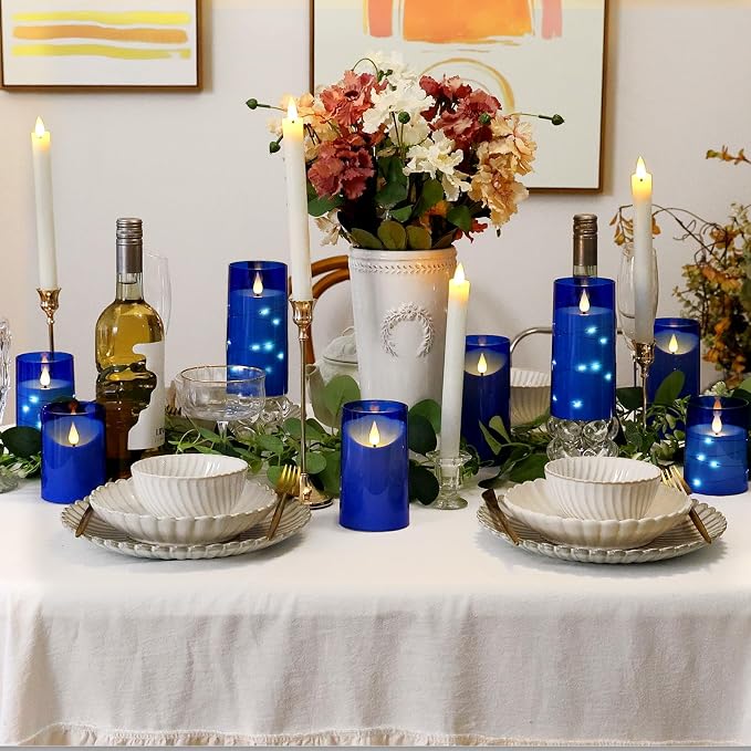 NURADA Flickering Flameless Candles: LED Pillar Candles with Imitation Glass - Acrylic Battery Candles with Remote and Timer for Wedding Party Valentine's Day Decor, Pack of 3 Blue