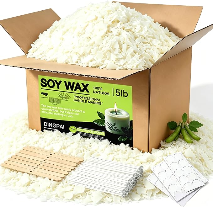 DINGPAI Soy Wax for Candle Making, 5LB Organic Soy Candle Wax Flakes Natural Candle Making Supplies,50 Cotton Wicks,50 Wick Stickers,10 Wick Holders