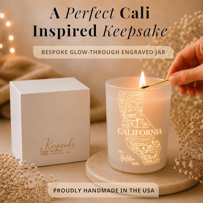 California Gifts - Glow-Through Engraved Candle -w/Sea Salt, Eucalyptus & Sage I California Decor for Home I California Souvenirs I California State Gifts I 9oz Jar, 50Hr Burn, USA Made