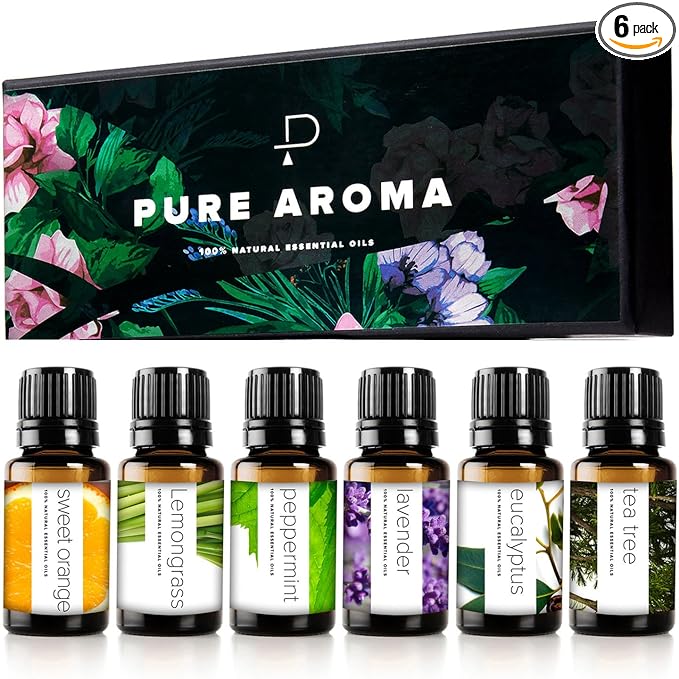 Essential Oils Set by Pure Aroma - Top 6 Aromatherapy Oils Gift Set-6 Pack, 10ml (Eucalyptus, Lavender, Lemongrass, Sweet Orange, Peppermint, Tea Tree)