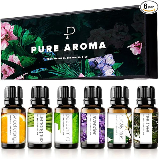 Essential Oils Set by Pure Aroma - Top 6 Aromatherapy Oils Gift Set-6 Pack, 10ml (Eucalyptus, Lavender, Lemongrass, Sweet Orange, Peppermint, Tea Tree)