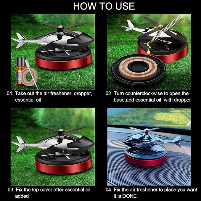Helicopter Solar Rotating Air Freshener, Al Alloy Car & Home Décor|Red | Helicopter Spins in Sunlight. No Battery or Cable Needed. Freshens Car & Home Naturally. 5ml Essential Oil Included