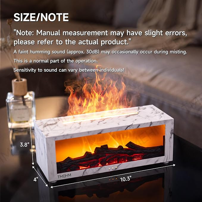 TMEHM Fireplace Flame Air Diffuser Humidifier,7 Colors Aromatherapy Essential Oil Diffuser,Ultrasonic with Timer for Home,Bedroom,Office,Yoga (White Marble)