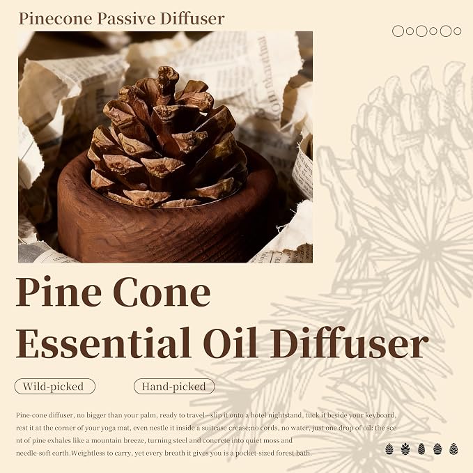 Passive Essential Oil Diffuser - Pinecone & Wooden Base Wood Diffuser for Essential Oils, Mini Aromatherapy Diffuser, Small Passive Diffusers for Home, Office, Desk & Car Decor (4)