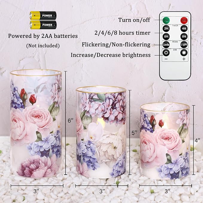 Hydrangea Rose Flameless Candles with Remote Control & Timer Function - Real Wax Glass Battery Operated Candles - Home Farmhouse Holiday Christmas Valentine's Day Decorations - Set of 3