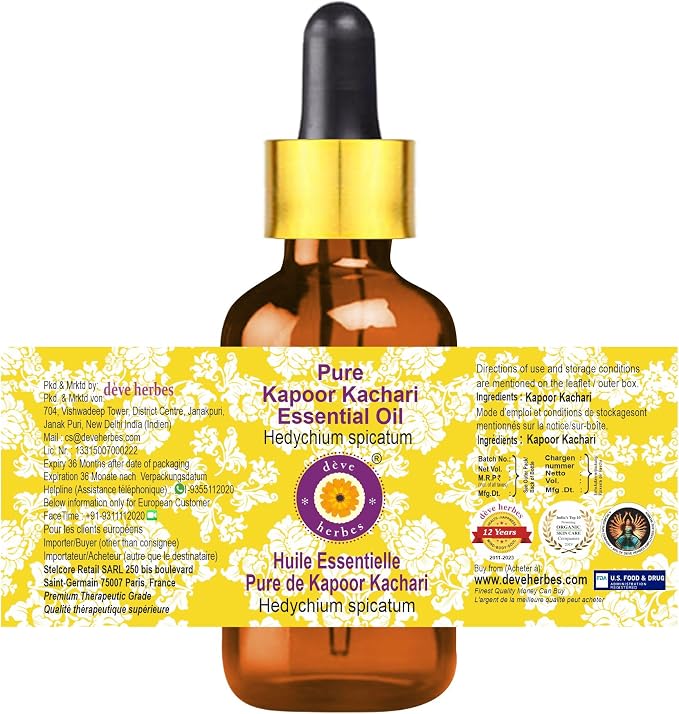 Deve Herbes Pure Kapoor Kachari Essential Oil (Hedychium spicatum) with Glass Dropper Steam Distilled 100ml (3.38 oz)