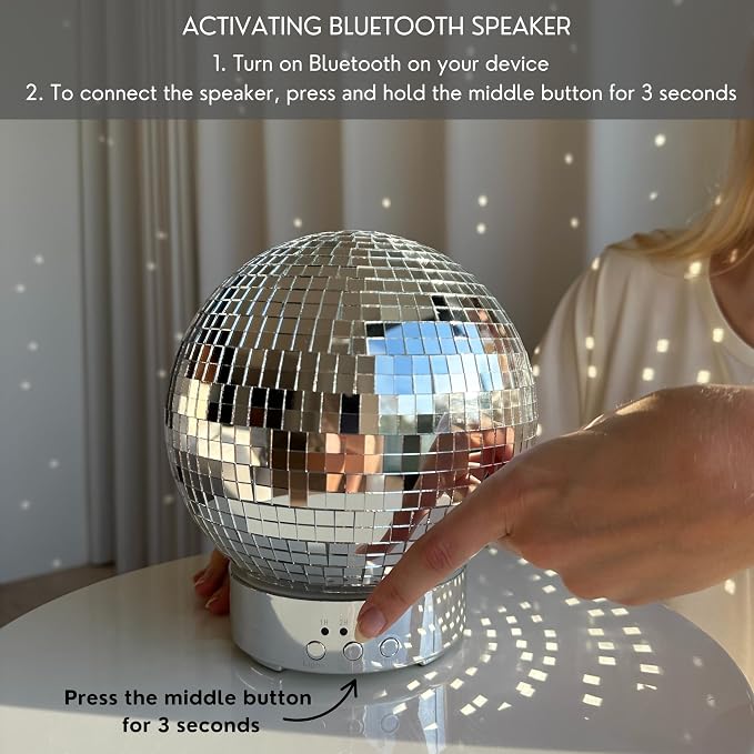 SCANDINORDICA Disco Ball Diffuser Speaker - Large 300 mL Rotating Disco Ball Essential Oil Diffuser with Whisper Quiet Operation, 7 Color LED Night Light & 4 Time Settings | Cute Bluetooth Speaker
