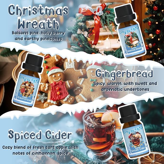 ARVIDSSON Winter Essential Oils Set, Holiday Fragrance Oil for Diffuser， Candle Making - Cinnamon, Christmas Wreath, Apple Cider, Gingerbread, Cranberry, Winter Mint Scented Oils for Home