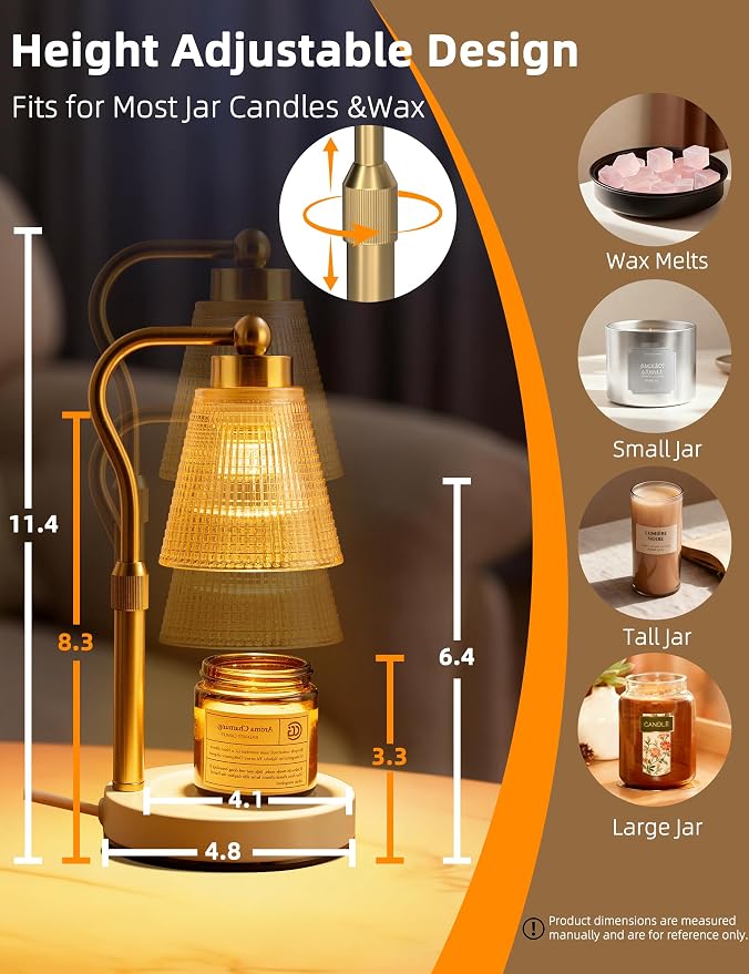 Candle Warmer Lamp for Jar Candles, Height Adjustable & Dimmable with 2/4/8H Timer, 2*50W Halogen Wax Melter Warmer for Home Office Décor, Flameless & Smokeless, Gift for Women Mom,Gold- Amber/1 Pack