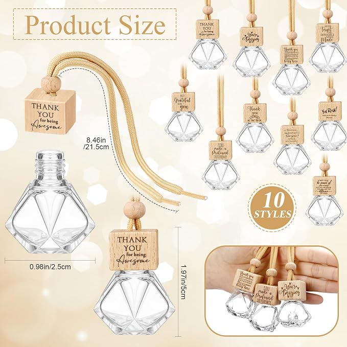 Funnymoom 30 Pcs Appreciation Gift Bulk Car Diffuser Air Freshener Ornament Hanging Empty Glass Essential Oil Bottle for Coworker Staff Teachers Nurse Employee Team Thank You Gift