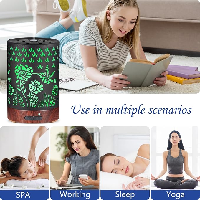 Essential Oil Diffuser- Aromatherapy Diffuser with7 Colors Light and Auto-Off for Women Metal Cool Mist Humidifier for Home and Office for Mom Women(Hummingbird)
