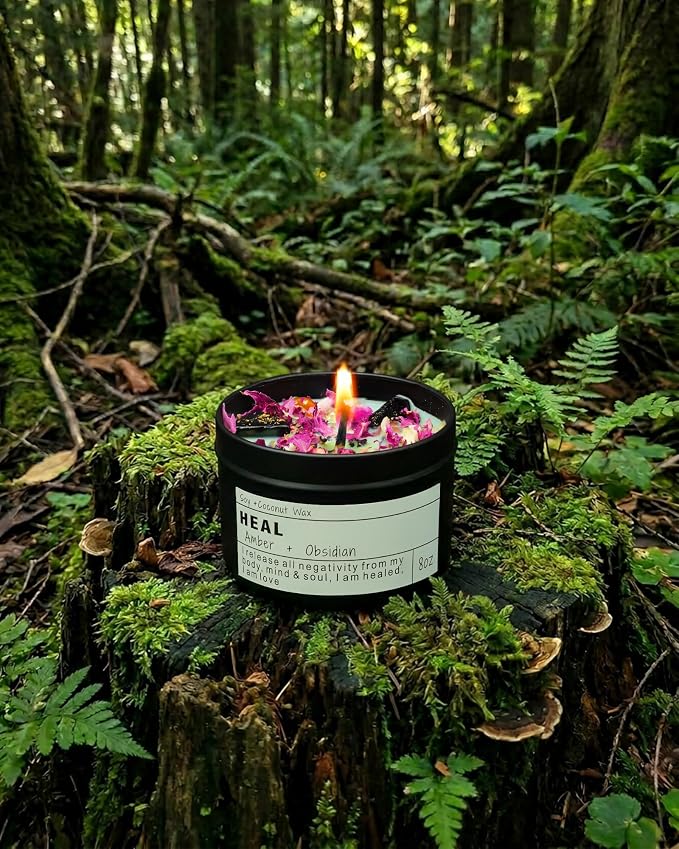 HEAL Candle Gift, Obsidian & Amber, Self Care, Comfort Gift for Her, Thinking of You, Stress Relief, Meditation Candle, (8oz)