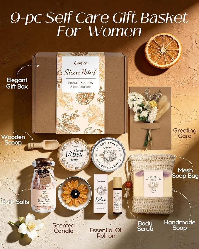 Spa Gift Basket for Women - Natural Pampering Package Citrus Jasmine Scent Bath and Body Works Selfcare Relaxing Thinking of You Birthday Get Well Soon Gift Set for Wife Mom Girlfriend Her