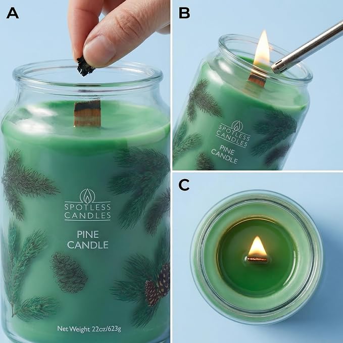 Pine Candle 22oz: 130 Hours Burn Time Hybrid Soy Candles Crackling Wooden Wick, in a Luxury Gift Box in a Protective Shipper by Spotless Candles