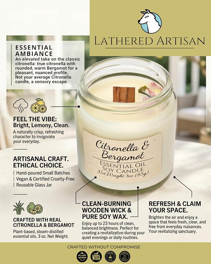 Citronella & Bergamot Scented Candle, Hand Crafted Essential Oil Soy Candles, Flickering Wood Wick, Dried Flowers, 23 Hour Burn Time, Natural Aromatherapy, Glass Jar with Lid, 3oz by Lathered Artisan