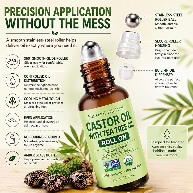 Natural Riches Castor Oil with Tea Tree Oil – Glass Roll-On Bottle for Hair Growth, Eyelashes & Eyebrows – Cold Pressed, 100% Pure, Scalp Care for Dry, Itchy Scalp – Travel Size Roller 1 fl oz.