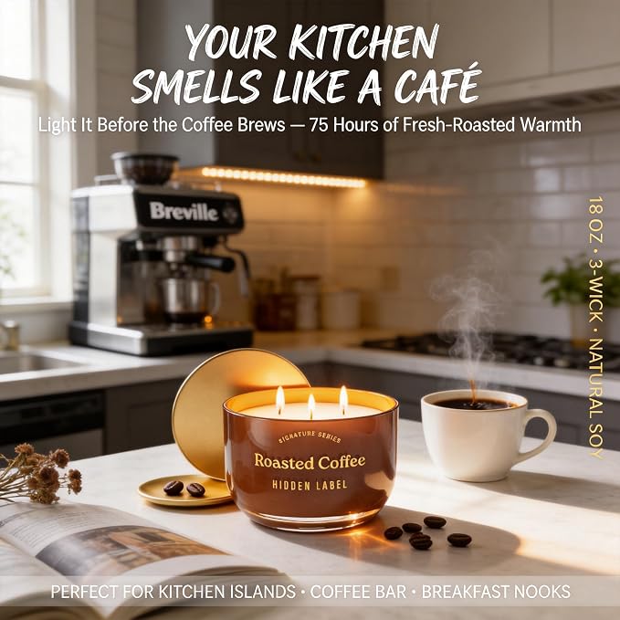 Roasted Coffee Scented Candle, 18oz Natural Soy Wax Non Toxic, 3-Wick Large Candles for Home, 75 Hours Burn Time, Strong Cold & Hot Throw, Coffee Lover Gift, Kitchen & Office, Long Lasting Aroma