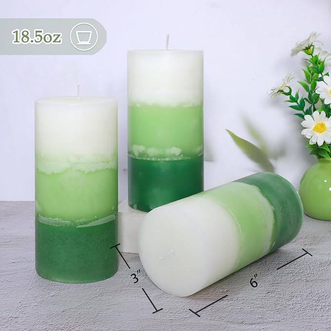 Pillar Candles 3x6 Inch Eucalyptus Scented Hand-Poured 3-Layers Green Gradient Decorative Candle Long Burning Candle for Home Scented Relaxation Spa Holiday Dinner Table, Set of 3