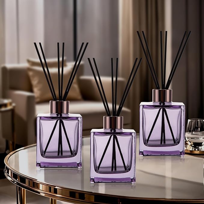 6 Pack Perfume Reed Diffuser Bottle,Empty Square Essential Oil Bottles Glass Jar with Black Sticks for DIY Fragrance Replacement Diffuser Sets (200ml/6.8 oz, Purple Color)