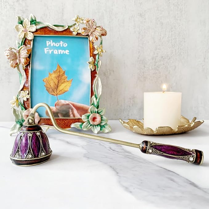 Purple Floral Candle Snuffer, Hand-Painted Metal Candle Extinguisher with Non-Slip Handle, Elegant Decorative Candle Tool for Hanukkah, Christmas, Birthdays