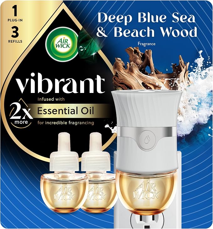 Air Wick Vibrant Plug In Scented Oil Warmer + Refills, Infused with Essential Oils, Plug In Air Fresheners for Home, Deep Blue Sea & Beach Wood, Gadget + 3 ct