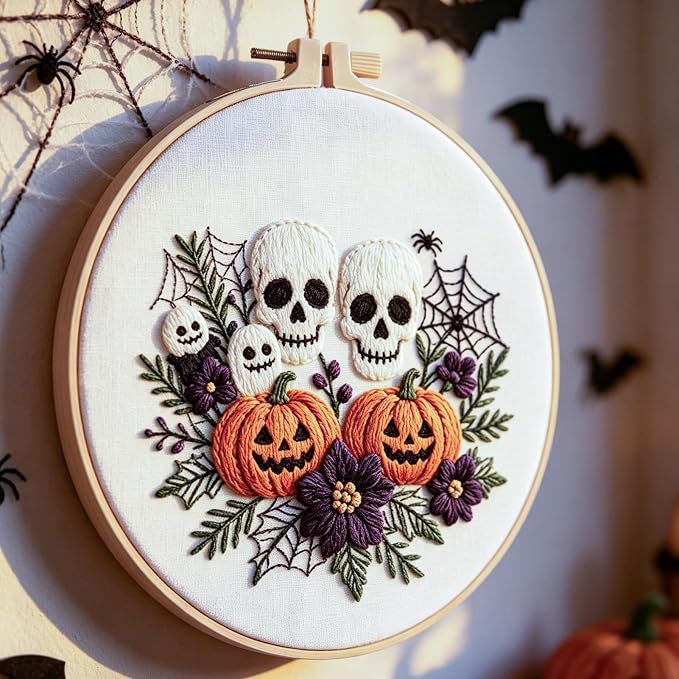 FONNUY Halloween Embroidery Kits for Beginners,Skull Pumpkin Spider Web Floral Stamped Cross Stitch Kit for Adults, Spooky Season Boho Wall Decor, 8'' Hoop (Skull)