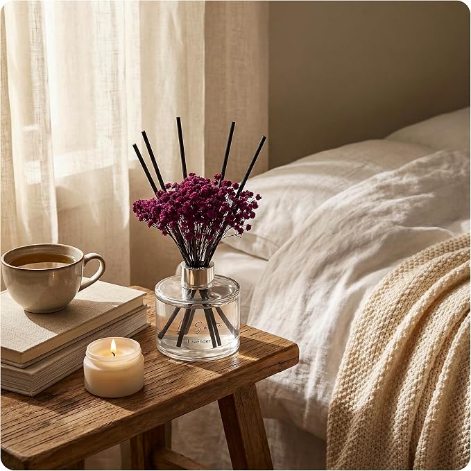 Reed Diffuser Set (6.7fl oz), Natural Lavender Essential Oil Fragrance with Glass Bottle, Black Rattan Sticks & Preserved Flowers, Up to 120 Days Lasting Fragrance for Home & Office