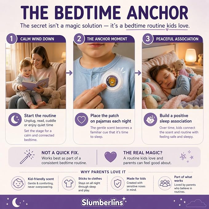 Slumberlins Calming Sleep Patches for Kids & Toddlers - Natural Bedtime Support Stickers with Lavender & Chamomile Essential Oils. Melatonin Free Aromatherapy Sleep Aid, Stick on Clothes, Age 3+, 30Ct