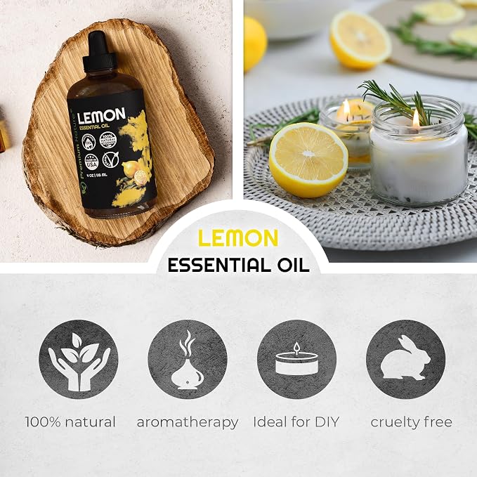 Lemon Essential Oil for Diffuser Aromatherapy Oils for Laundry and for Skin Pure Essential Oils for Soap Making Lemon Oil for Diffuser Citrus Oil 4 oz