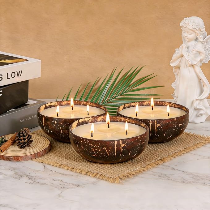 Viyffo Fresh Linen Scented Candle, Large 18oz 3 Wick Non Toxic Soy Candles, Natural Coconut Shell Candles for Home, Clean & Fresh Aromatherapy for Relaxation & Spring Décor, Gift for Women & Men