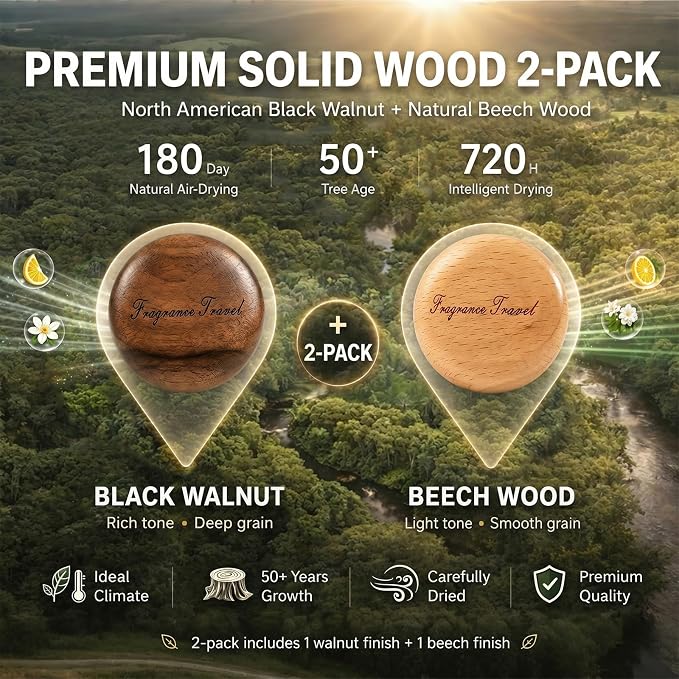 2 Pack Wooden Car Air Freshener Vent Diffuser, Walnut & Beech Wood with Zinc Alloy Base, Refillable Essential Oil Vent Clip, 4 Pads (2 Mixed Floral Scented + 2 Unscented), Natural Fragrance.