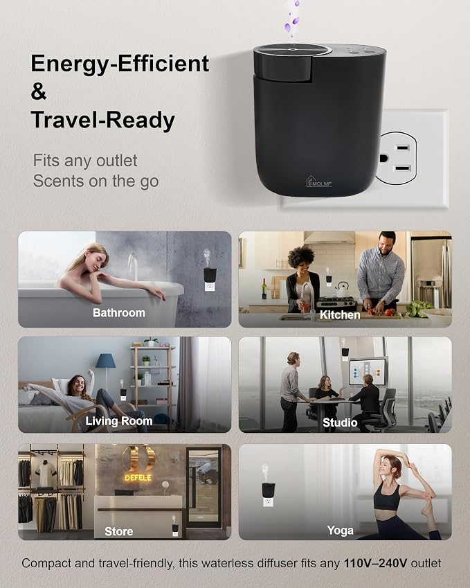 Waterless Plug in Diffuser, 800 Sq Ft, No Wobble Secure Wall Fit, Adjustable Timer & Scent Intensity,App Control,Essential Oil Plug in Wall Diffuser, Includes 3 x 20ml Fragrance Oils - Black