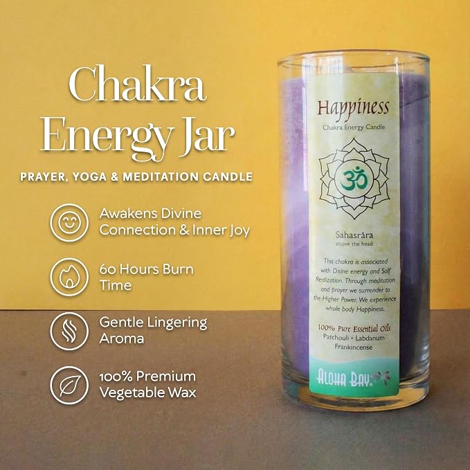 Premium Scented Candle Hand Made Chakra Energy Jar | 11 Oz Jar | Happiness, Sahasrara| Yoga, Prayer & Meditation Candle | Long Burn 60 Hours | Essent.Oils Patchouli, Labdanum, Frankincense | Aloha Bay
