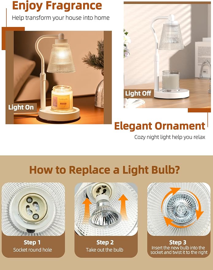 Candle Warmer Lamp for Jar Candles, Height Adjustable & Dimmable with 2/4/8H Timer, 2*50W Halogen Wax Melter Warmer for Home Office Décor, Flameless & Smokeless, Gift for Women Mom,White-Clear/1 Pack