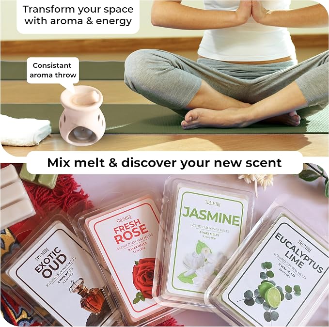 TRUMIRI Scented Wax Melts Variety Pack Exotic Oud|Fresh Rose|Eucalyptus Lime|Jasmine - Made with Non Toxic Soy Wax and Essential Oils - Long Lasting Strong Scent Pet Safe Candle Wax Cubes for Warmers