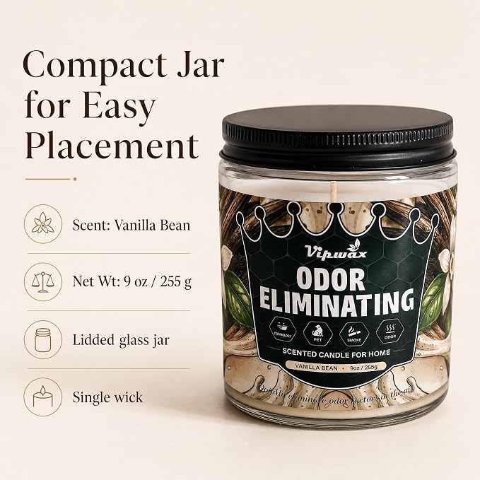 9 oz Vanilla Bean Odor Eliminating Candles for Home Scented, Eliminates 99% of Pet, Smoke, Food and Other Smells Quickly, Highly Fragranced Candle, Premium Soy Candles Set for Women