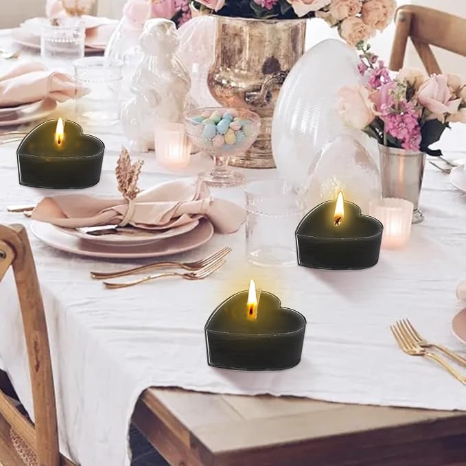 Smoked Sandalwood Scented Heart Tealight Candles, Black Scent Tea Lights Candles Clear Cup, 24 Pack Colored Tealights Candle, 4 Hour Burn Time Tea Candles for Weddings Romantic Decor